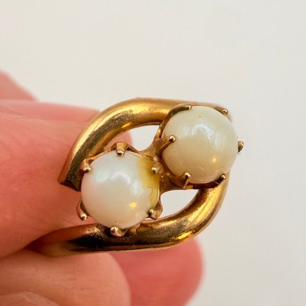 Vtg Signed ESPO 14K HGE Joseph Esposito 2 Faux Pearl Pinky Cocktail Ring Size 4